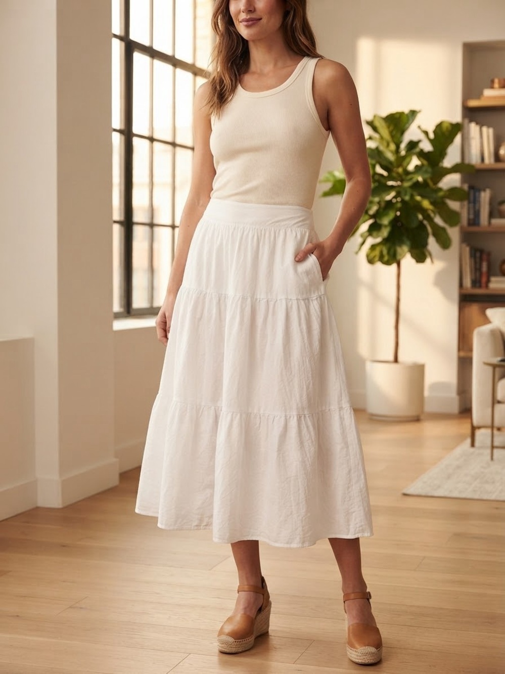 Moon River White Tiered Cotton Maxi Skirt